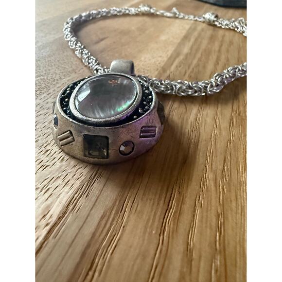 Chicos Silver Tone Braid Chain Necklace Mother of Pearl & Rhinestone Pendant 15” - Picture 7 of 7